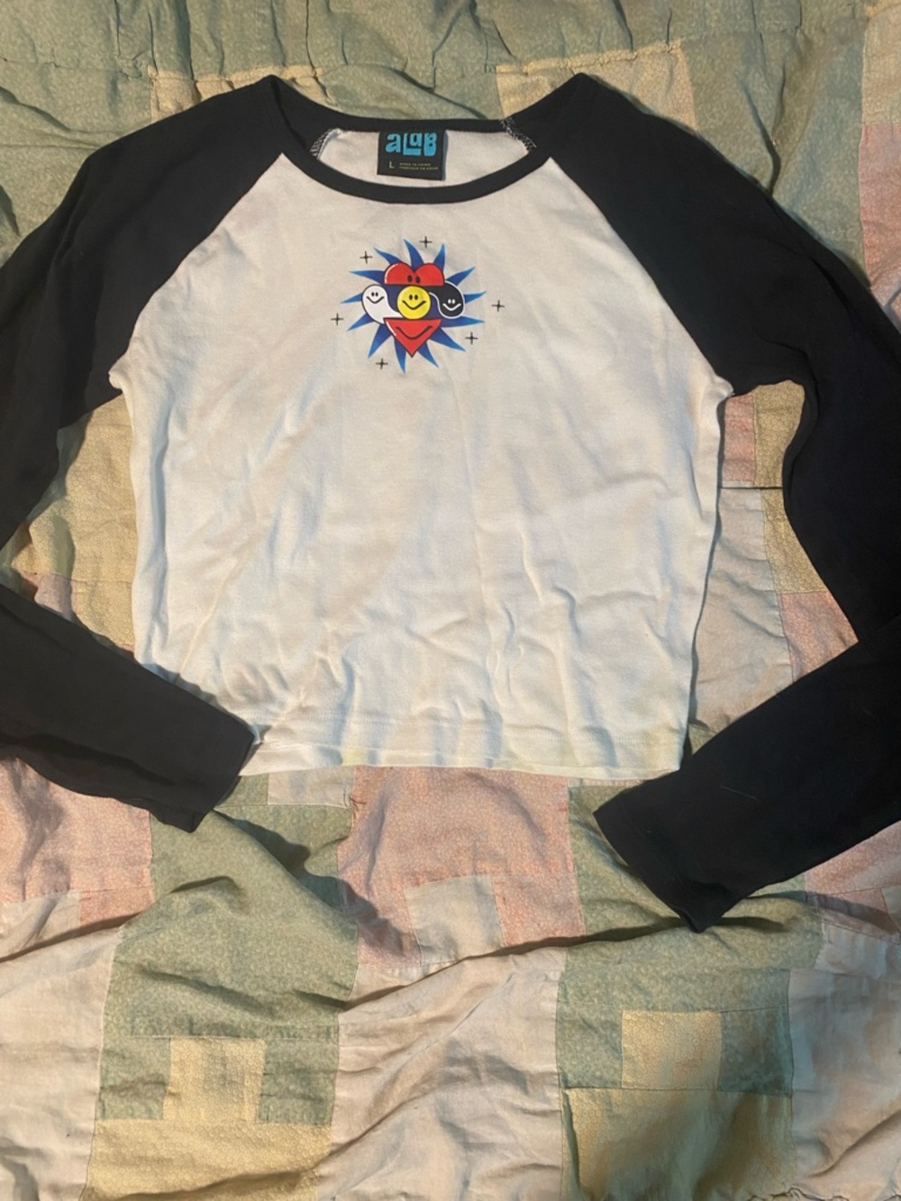 a.l.c.b Girls' White & Black Long Sleeve Raglan Tee with Colorful Sun Graphic